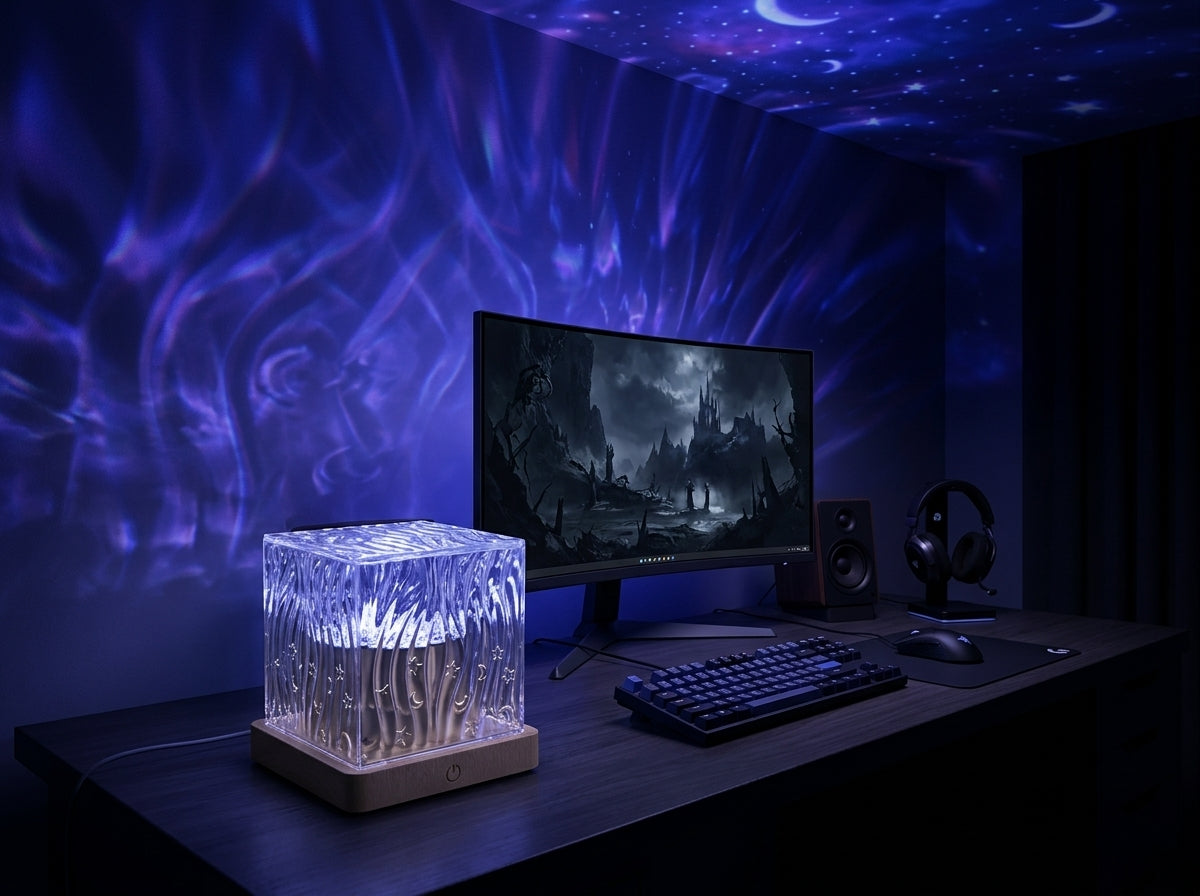 Ocean Wave Projector Light Lamp lighting a late night setup