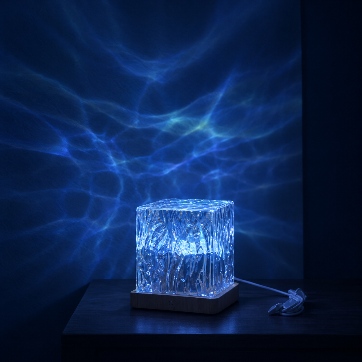 Ocean Wave Projector Light Lamp glowing in a dark room